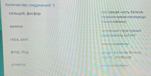 Соотнесите элементы и их значение в организме человека. Количество соединений: 5​