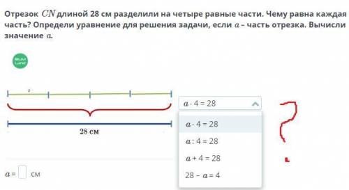 Отрезок CN длиной 28 см разделили на четыре равные части.