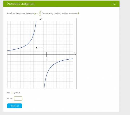 Изображён график функции y=k/x. По данному графику найди значение k