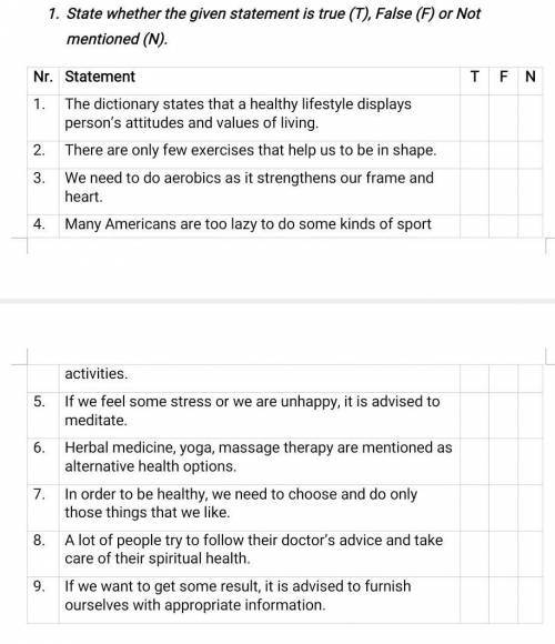 State whether the given statement is true (T), False (F) or Not mentioned (N). Nr.StatementTFN1.The 