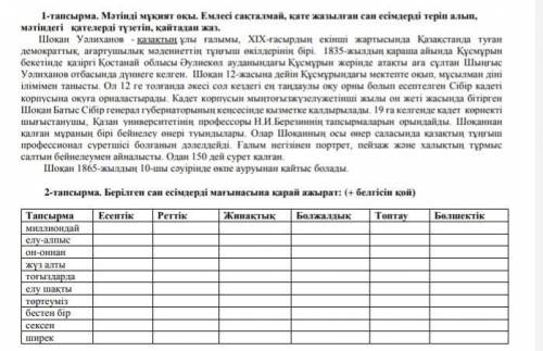 1-тапсырма. Мәтінді мұқият оқы. Емлесі сақталмай, қате жазылған сан есімдерді теріп алып, мәтіндегі 