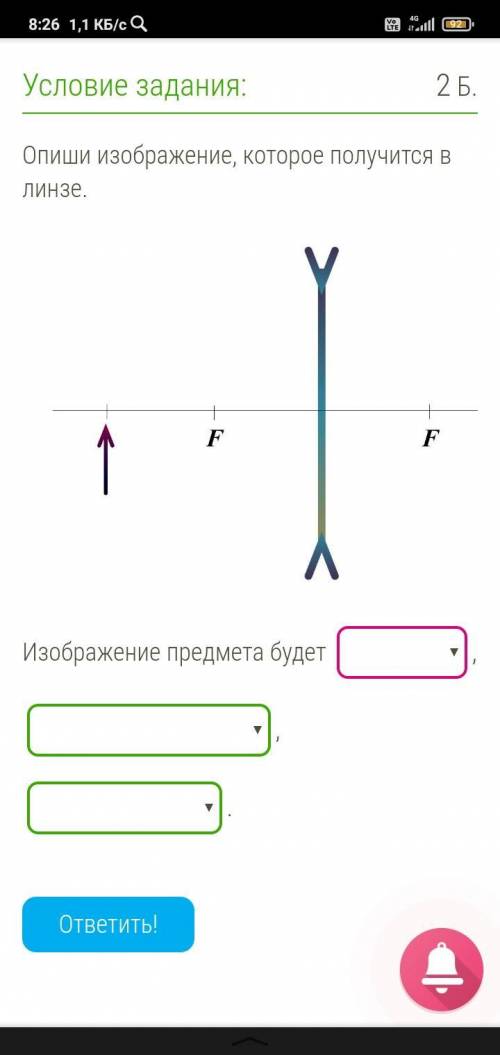 Опиши изображение, которое получится в линзе !