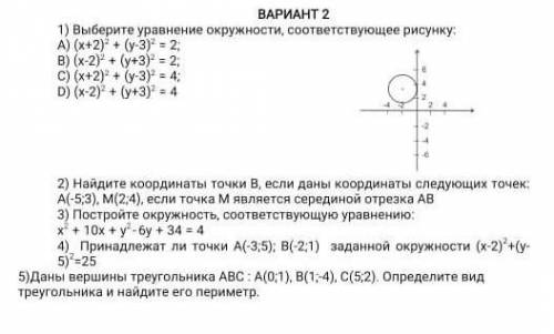 ВАРИАНТ 2 1) Выберите уравнение окружности, соответствующее рисунку.A) (x+2) + (-3)= 2,В) (х-2)? + (