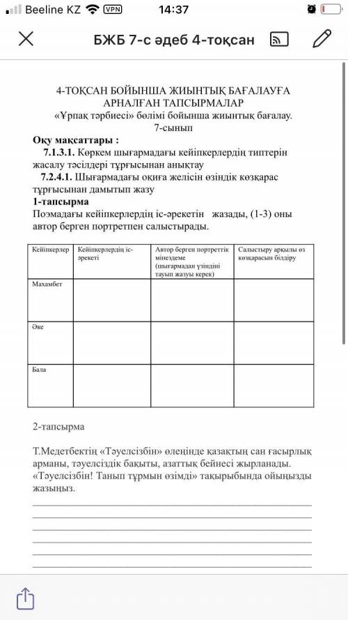 Қазақ әдебиеті.4-ТОҚСАН БОЙЫНША ЖИЫНТЫҚ БАҒАЛАУҒА АРНАЛҒАН ТАПСЫРМАЛАР «Ұрпақ тәрбиесі» бөлімі бойын