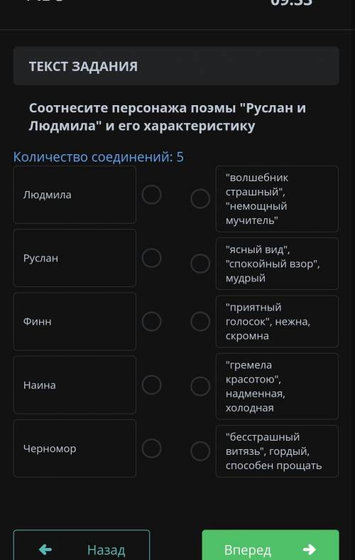 Соотнесите персонажей поэмы Руслан и Людмила и его характеристику​