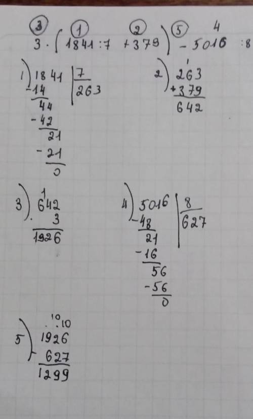 1. Укажи полрядок действий, выполни вычисления столбиком. (4б) 3* (1841 : 7 + 379) – 5016 : 8 НАПИШ