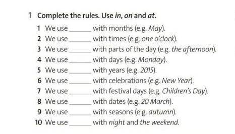 1 Complete the rules. Use in, on and at. 1 We use 2 We use 3 We use 4 We use 5 We use 6 We use 7 We 