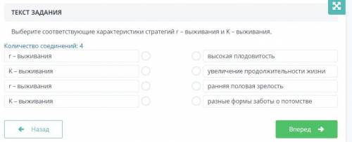 Выберите соответствующие характеристики стратегий r – выживания и K – выживания. Количество соединен