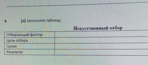 4. (а) Заполните таблицу.Искусственный отборотбирающий факторЦель отбораСрокиРезультат ​