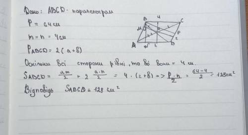 У паралелограма з периметром 64 см точка перетину діаго­налей віддалена від його сторін на відстань