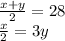 \frac{x + y}{2} = 28 \\ \frac{x}{2} = 3y