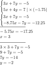 \begin{cases}3x + 7y = - 5 \\ 5x + 4y = 7 \mid \times \: ( - 1.75) \end{cases} \\ \begin{cases}3x + 7y = - 5 \\ - 8.75x - 7y = - 12.25 \end{cases} \\ \overline{ \qquad \qquad \qquad} \\ - 5.75x = - 17.25 \\ x = 3 \\ \overline{ \qquad \qquad \qquad} \\ 3 \times 3 + 7y = - 5 \\ 9 + 7y = - 5 \\ 7y = - 14 \\ y = - 2