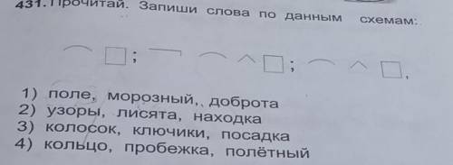 431. Прочитай. Запиши слова по данным Схемам:1) поле, морозный, доброта2) узоры, Лисята, находка3) К