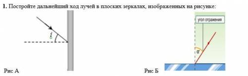 1. Постройте дальнейший ход лучей в плоских зеркалах, изображенных на рисунке: