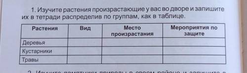 1. Изучите растения произрастающие у вас во дворе и запишите их в тетради распределив по группам, ка