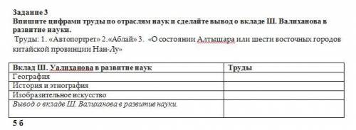 Впишите цифрами труды по отраслям наук и сделайте вывод о вкладе Ш. Валиханова в развитие науки. Тру