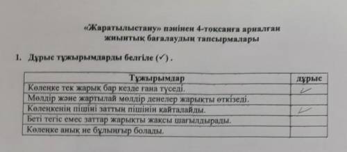 1. Дұрыс тұжырымдарды белгіле (). дұрысТұжырымдарКөлеңке тек жарық бар кезде гана түседі.Мөлдір және