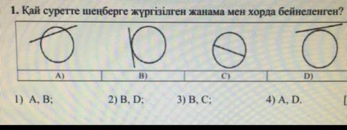 1.На каком рисунке изображены окружность и хорда, начерченная в круге? 1) А, Б; 2) Б, Д; 3) Б, В; 4)