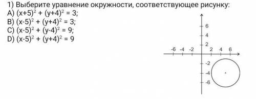 1) Выберите уравнение окружности, соответствующее рисунку: А) (x+5)²+(y+4)²=3B) (x-5)²+(y+4)²=3C) (x