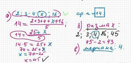 4 / (x) (2:34 16 ) 14 = (2 + 3 + 4 + x + 16)/5 14 = (25 + x)/5 14 * 5 = 25 + x 70 = 25 + x x = 70 -