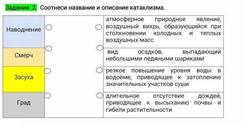 Задание 2. Соотнеси название и описание катаклизма. Наводнениеатмосферное природное явление, воздушн