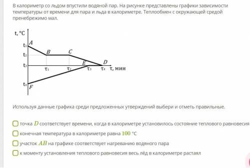 В калориметр со льдом впустили водяной пар. На рисунке представлены графики зависимости температуры