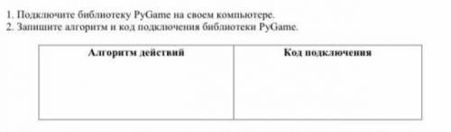 Запишите алгоритм и код подключения pygame