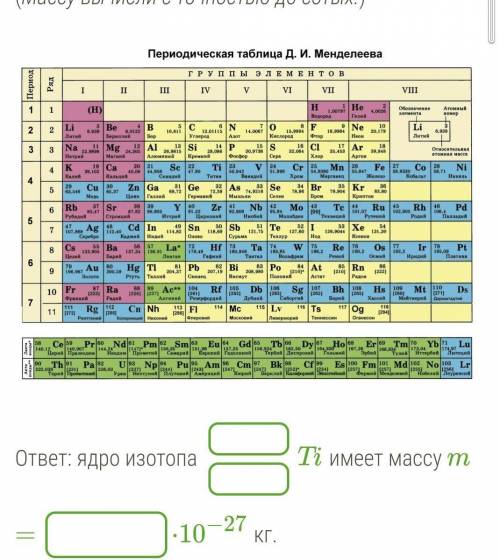 Дан химический элемент Ti. Вычисли массу ядра его изотопа, если известно, что нейтронов в ядре изото