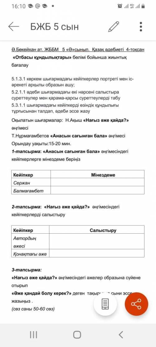 Нагыз аже кайда ангимесиндеги кейипкерлерди салыстыру