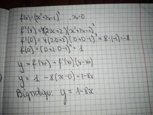 Знайіть рівняння дотичної f(x) = (x^2 + 2x -1)^4 у точці з абсцисою х^0 = 0