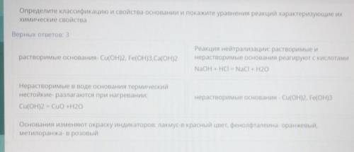 Определите классификацию и свойства основании и покажите уравнения реакций характеризующие их химиче