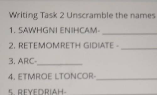 Writing Task 2 Unscramble the names of machines. 1. SAWHGNI ENIHCAM-2. RETEMOMRETH GIDIATE -3. ARC-4