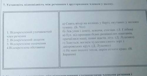 7. Установіть відповідність між реченням і другорядним членом у ньому .1. Відокремлений уточнюючий (