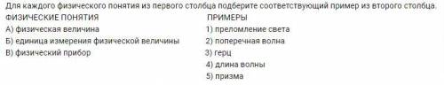 Заполните таблицу. Для каждого физического понятия из первого столбца подберите соответствующий прим