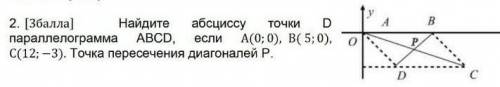 найдите абцису точки D паралелограма ABCD если А(0;0) B(5;0) C(12;-3) точка пересечений диагоналей Р