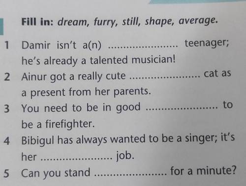 1 Fill in: dream, furry, still, shape, average.1 Damir isn't a(n) teenager;he's already a talented m