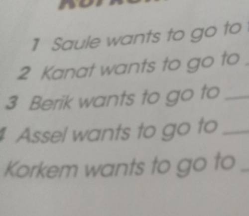 1 Saule wants to go to the beach by bus. 2 kanat wants to go to3 Berik wants to go to4 Assel wants t