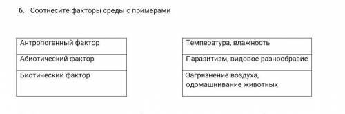 Соотнесите факторы среды с примерами Антропогенный фактор , Абиотический фактор , Биотический фактор