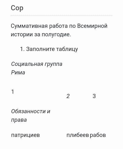 Заполните таблицу. Социальная группа Рима1 2 3 Обязанности и правапатрициевплибеев рабов