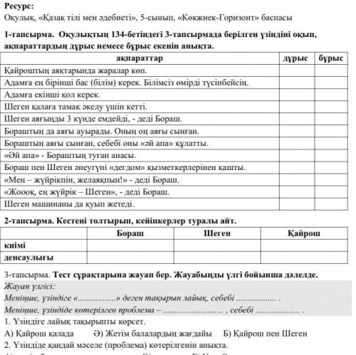 2-тапсырма. Кестені толтырып, кейіпкерлер туралы айт.