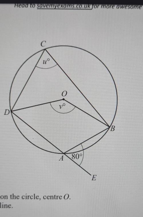 A, B, C and d lie on the circle, center O. DAE is a straight line.Find the value of u and the value