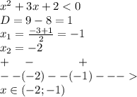 {x}^{2} + 3x + 2 < 0 \\ D = 9 - 8 = 1 \\ x_1 = \frac{ - 3 + 1}{2} = - 1 \\ x_2 = - 2 \\ + \: \: \: \: \: - \: \: \: \: \: \: \: \: \: \: \: \: \: \: \: \: + \\ - - ( - 2) - -( - 1) -- - \\ x\in( - 2; - 1)