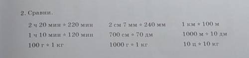 2. Сравни. 2 ч 20 мин * 220 мин2 см 7 мм * 240 мм1 км * 100 м1 ч 10 мин * 120 мин700 см = 70 дм1000