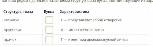 Запиши рядом с данными названиями структур глаза буквы, соответствующие их характеристикам.