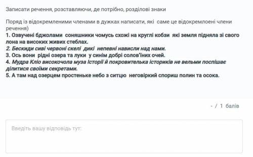 Записати речення з розділовими знаками і поряд написати, які це відокремлені члени речення. Фото зав