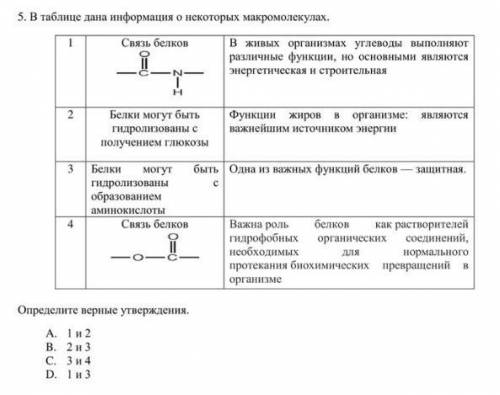 5. В таблице дана инфомация о некоторых макромолекулах. Определите верные утверждения.А. 1 и 2B. 2 и