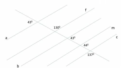 Найдите на рисунке параллельные и пересекающиеся прямые. Варианты ответов: a f b c a c m f m b a d