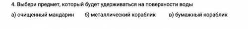 выбери предмет,который будет удерживаться на поверхности воды. а) очищенный мандарин. б) металлическ