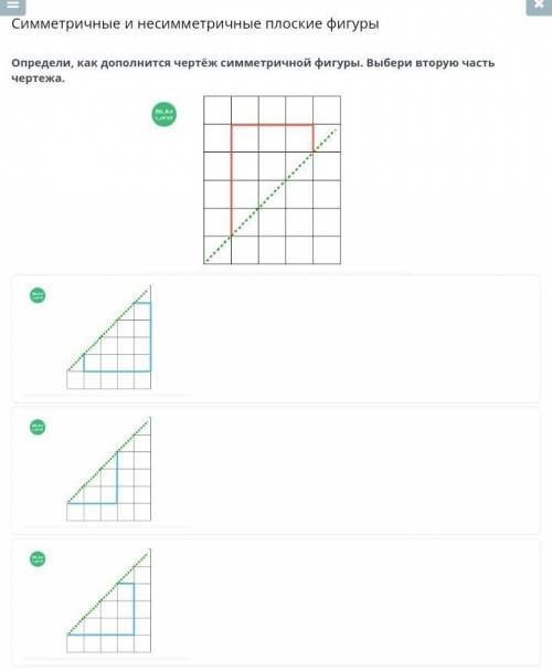 Определи, как дополнится чертёж симметричной фигуры. Выбери вторую часть чертежа. ​