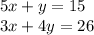 5x + y = 15 \\ 3x + 4y = 26